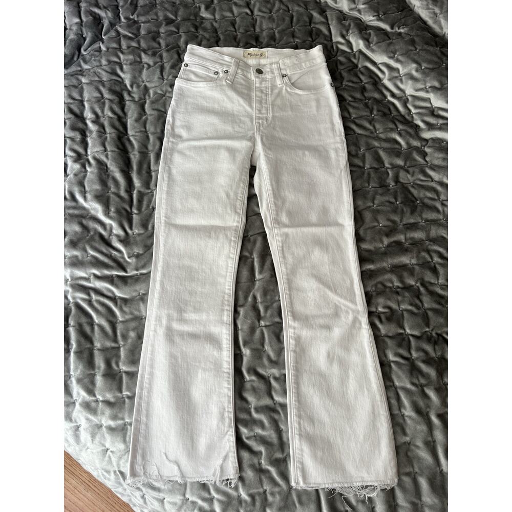 Madewell Cali Demi-Boot Jeans White Cropped Kick Flare Raw Hem Stretch Denim 24